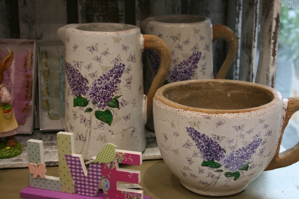 Stone Jugs and containers with lavender print