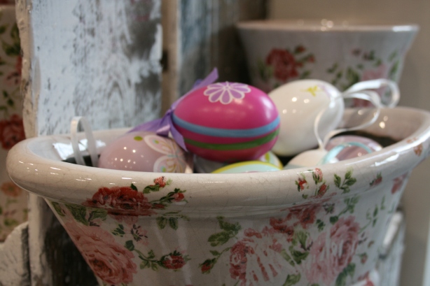 easter egg decor in romantic pink pot
