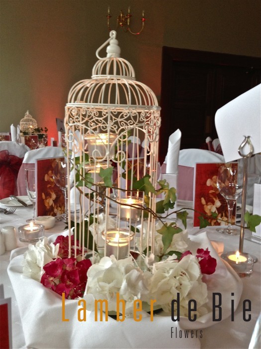 Birdcage candle holder with red and white Hydrangea as centrepisece at the wedding rception in Faithlegg House Hotel.